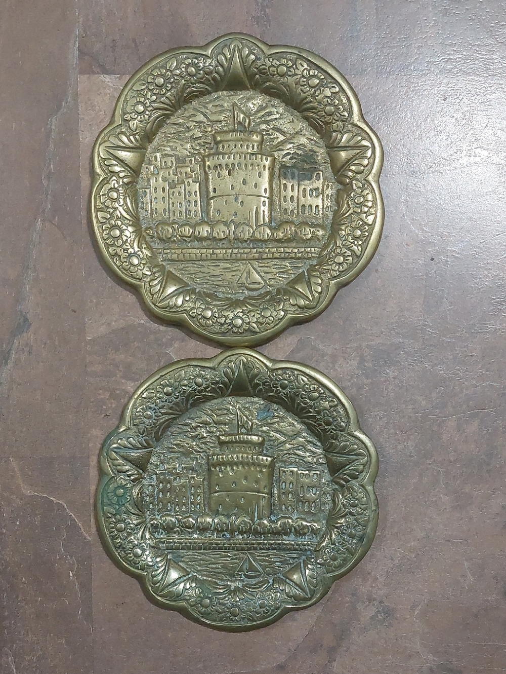 Set Of Two Vintage Small Brass Serving Trays With Castle/ Sailboat Design